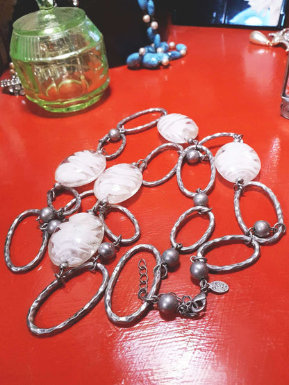 Vintage Laura Ashley Long Necklace 35" White Glass Silver Tone