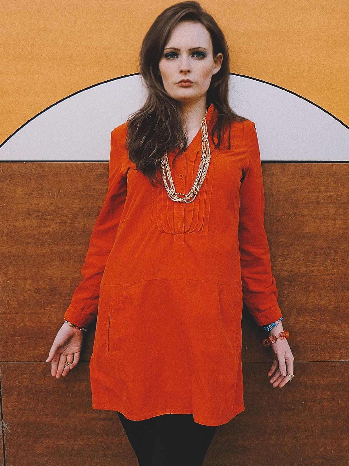 English Classics - Pre-Loved Y2K Laura Ashley Orange Corduroy Mini Dress - Size 12/14