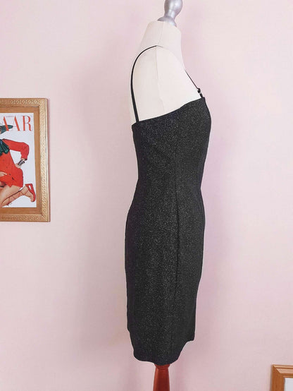 Vintage 1980s Black Glitter Mini Dress Cocktail Party Evening LBD - Size 10 / 12