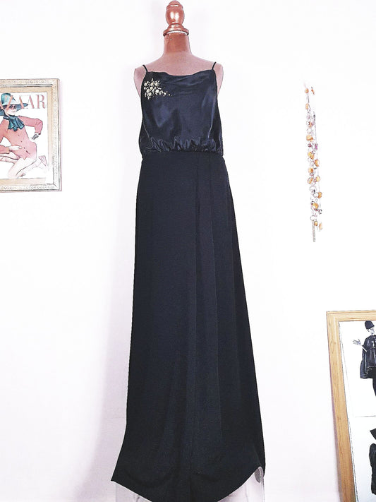 Vintage Black Silk Sequin Dress Monsoon Evening Gown Maxi Party - Size 8