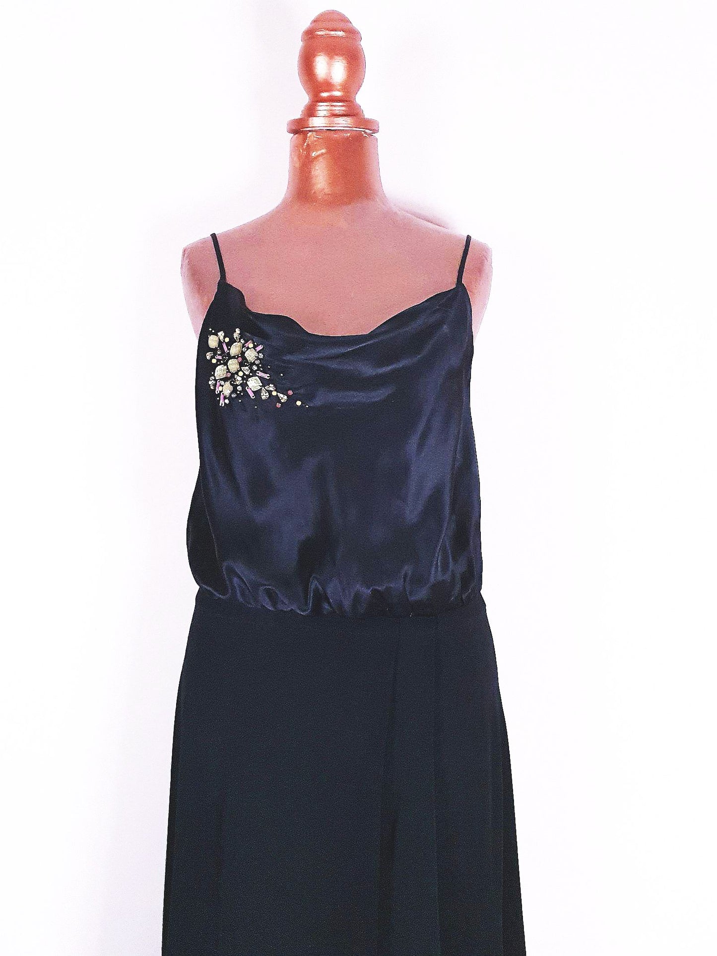 Vintage Black Silk Sequin Dress Monsoon Evening Gown Maxi Party - Size 8