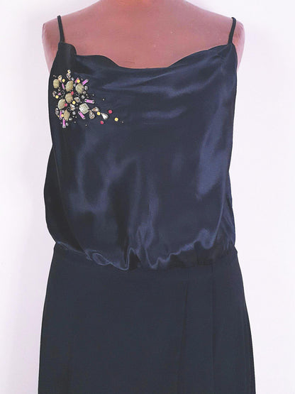 Vintage Black Silk Sequin Dress Monsoon Evening Gown Maxi Party - Size 8