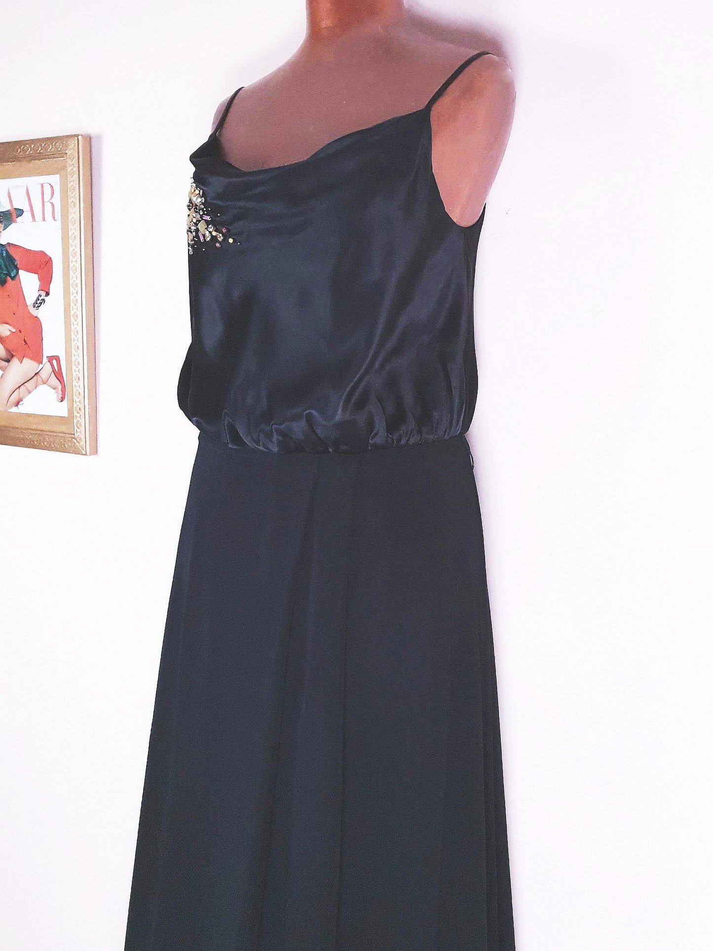 Vintage Black Silk Sequin Dress Monsoon Evening Gown Maxi Party - Size 8