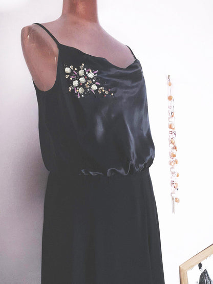Vintage Black Silk Sequin Dress Monsoon Evening Gown Maxi Party - Size 8