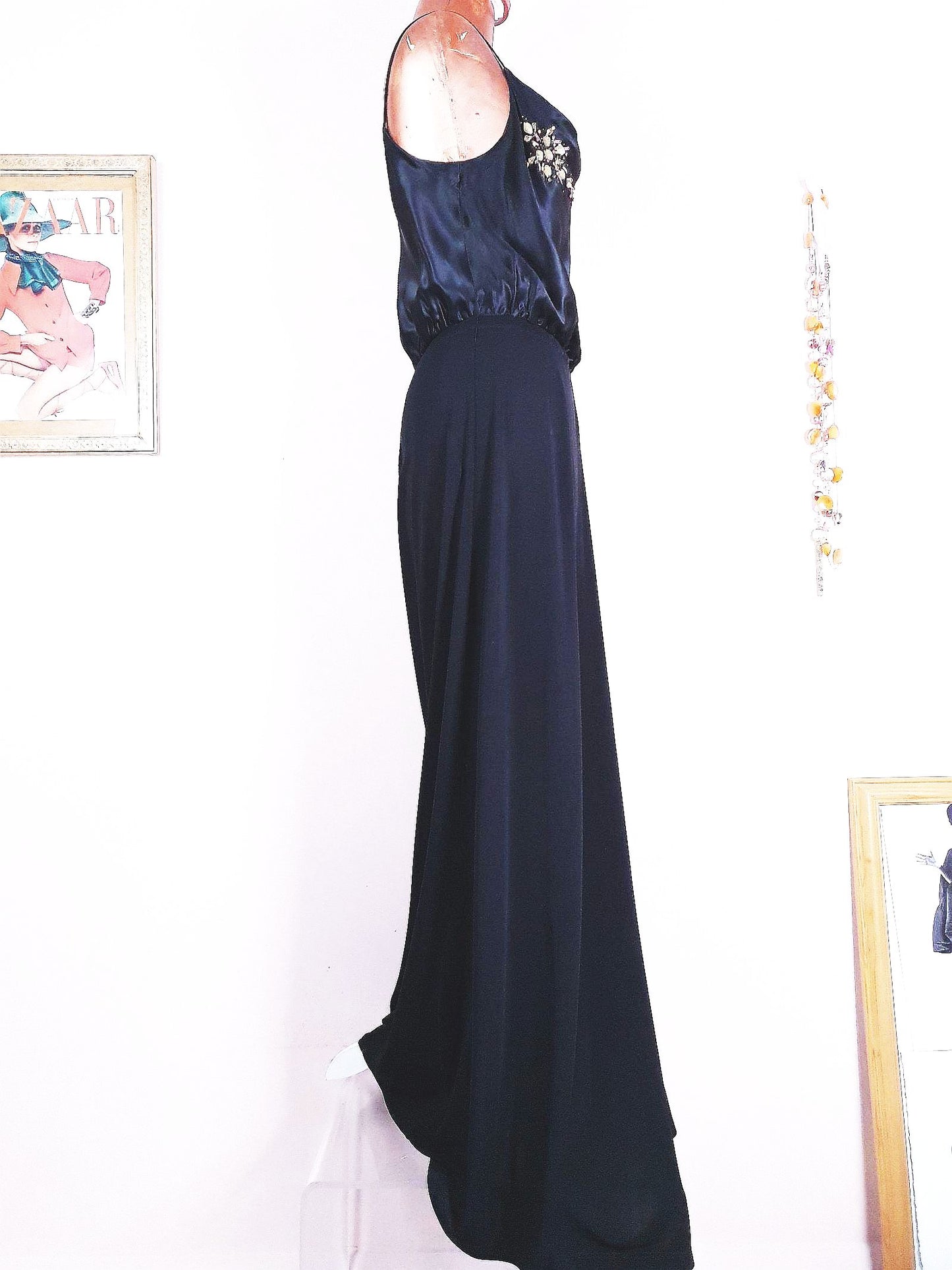 Vintage Black Silk Sequin Dress Monsoon Evening Gown Maxi Party - Size 8