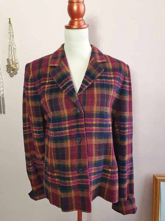 Vintage Mulberry Burgundy Plaid Tweed Jacket - Size 14