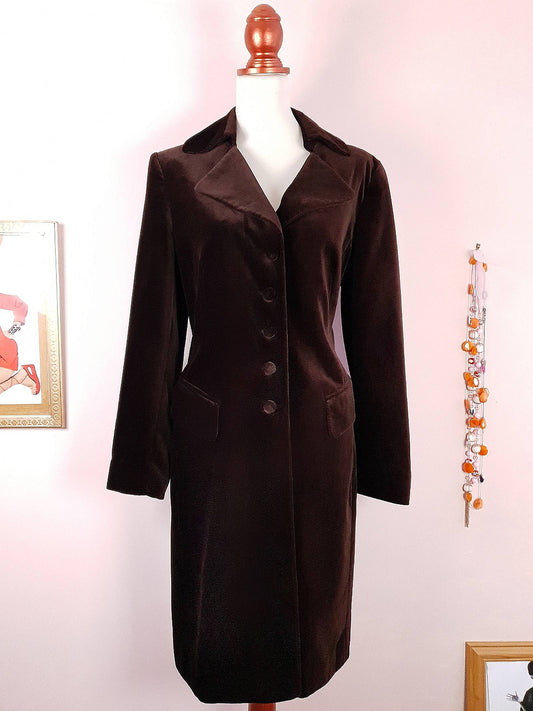 English Classics - Pre-Loved 1990s Mulberry Chocolate Brown Velvet Coat - Size 16