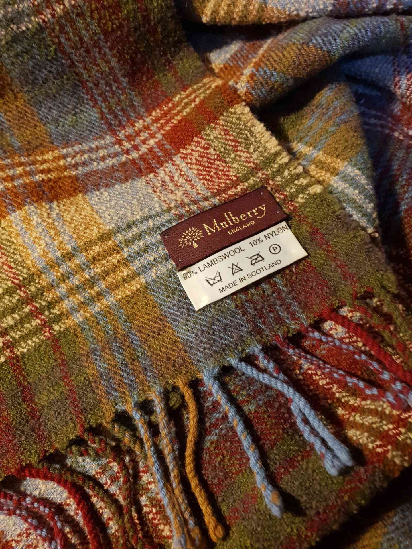 Vintage Mulberry Plaid Wool Scarf 1990s Tartan Check Lambswool