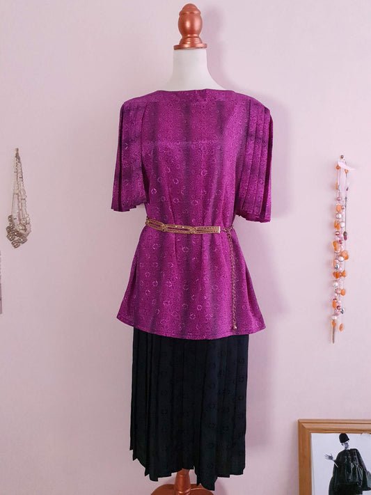 Vintage 1980s Cerise Pink and Black Pleated Dress - Size 16/18