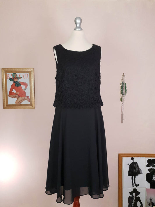 Black Lace & Chiffon Dress Size 12 Party Fit & Flare Midi - Pre-Loved