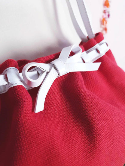 Vintage LK Bennett Red Handbag Leather Bow Canvas Shoulder Bag