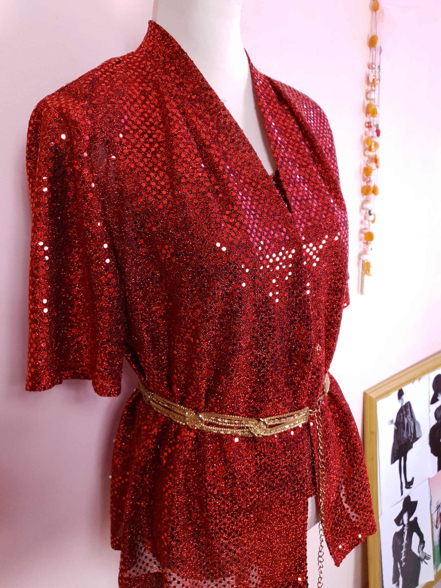 Dazzling Vintage 1980s Red Sparkly Glitter Sequin Top - Oversize