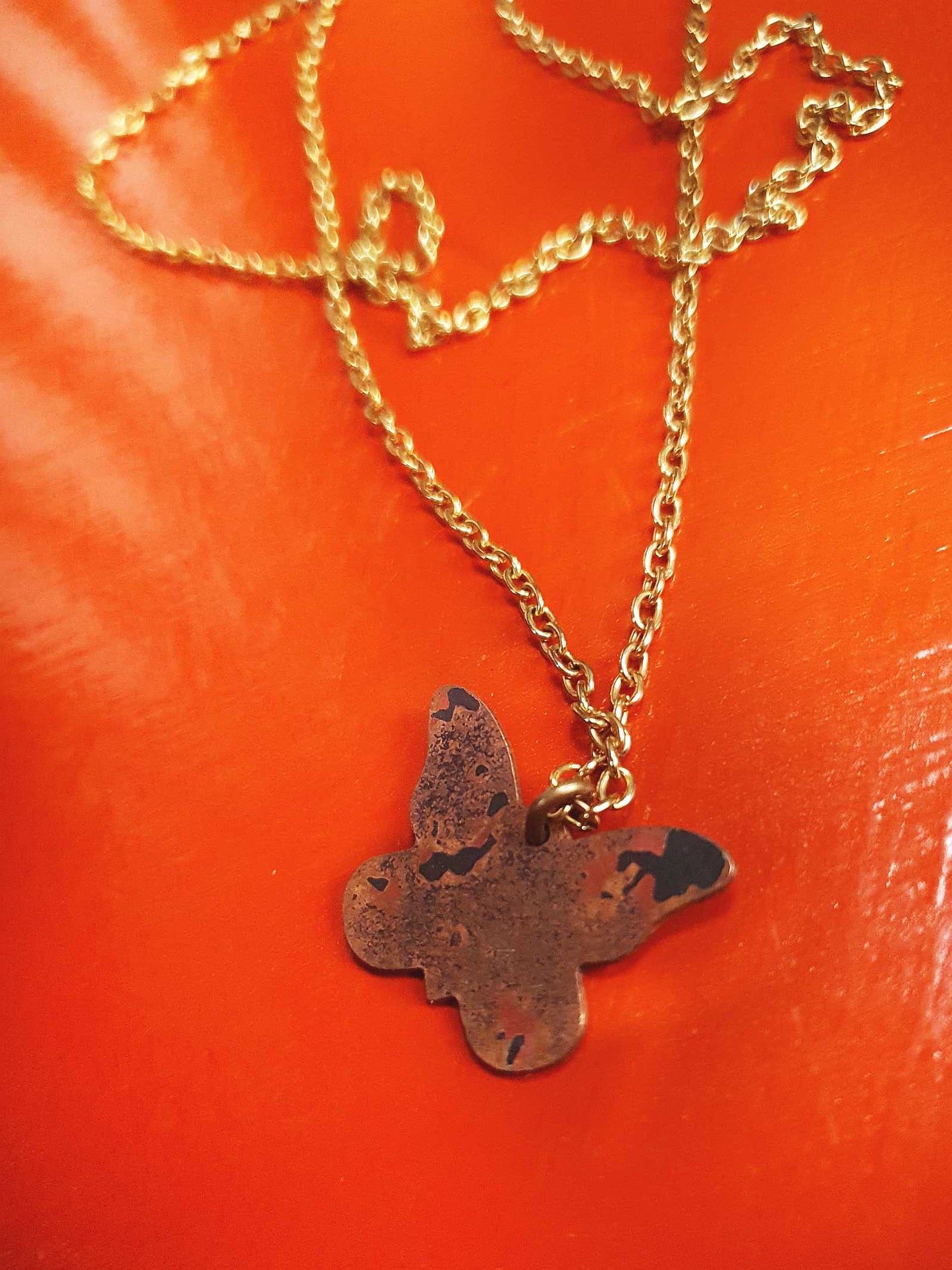 Vintage Green Enamel Butterfly Pendant Necklace 26" 1970s Retro