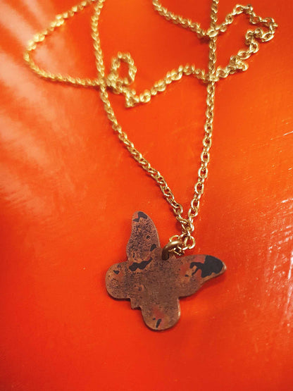 Vintage Green Enamel Butterfly Pendant Necklace 26" 1970s Retro