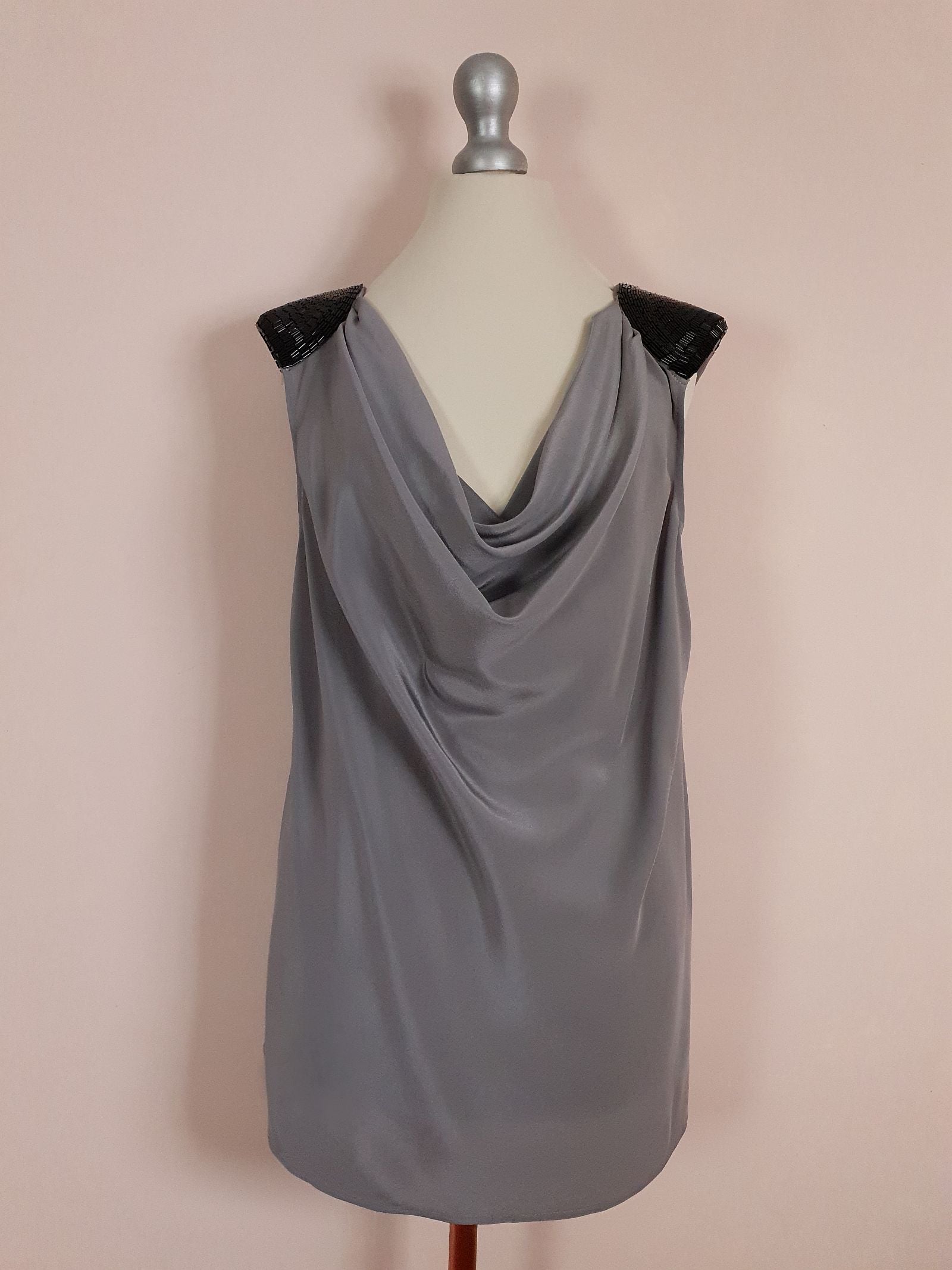 Pre-owned Kenneth Cole Grey Silk Top Beaded Evening Size 14 Draped Jardin Vintage Pre-owned Kenneth Cole Grey Silk Top Beaded Evening Size 14 Draped Jardin Vintage