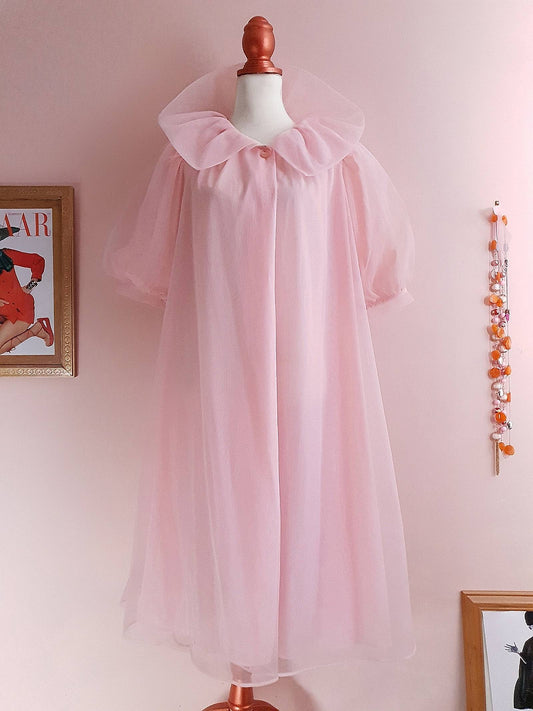 Boudoir Glamour 1960s Vintage Pale Pink Chiffon Dressing Gown Robe