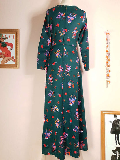 Vintage 1970s Pretty Floral Green Maxi Dress - Size 10