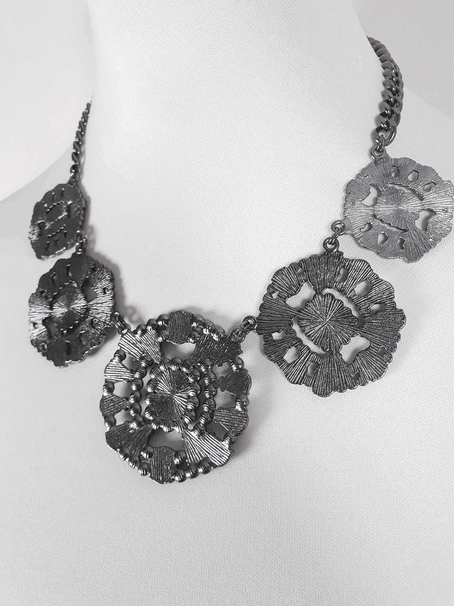 Vintage Victorian Revival Dark Grey Rhinestone Necklace Statement 90s