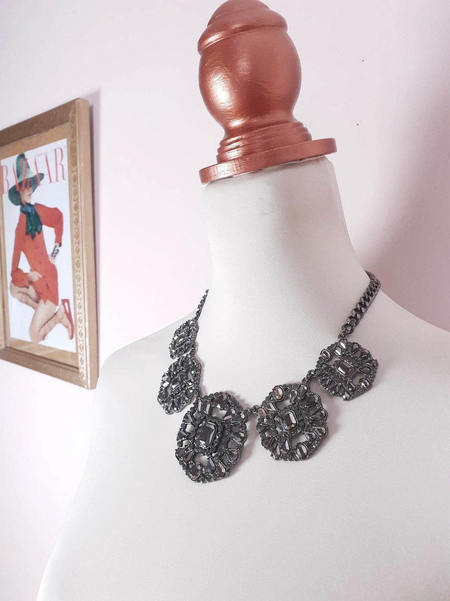 Vintage Victorian Revival Dark Grey Rhinestone Necklace Statement 90s