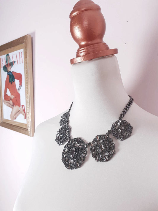 Vintage Victorian Revival Dark Grey Rhinestone Necklace Statement 90s