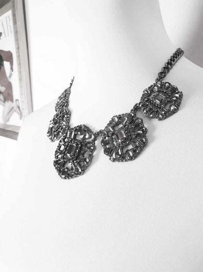 Vintage Victorian Revival Dark Grey Rhinestone Necklace Statement 90s
