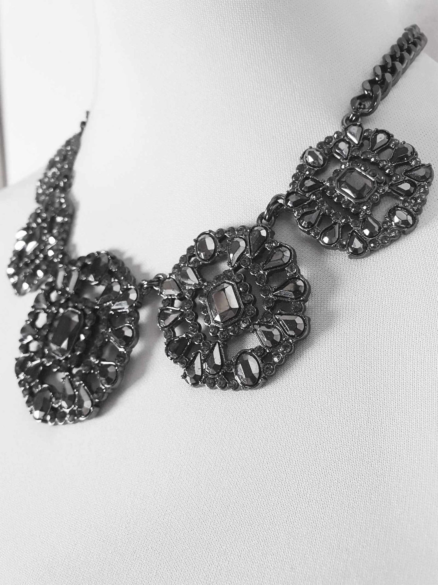 Vintage Victorian Revival Dark Grey Rhinestone Necklace Statement 90s