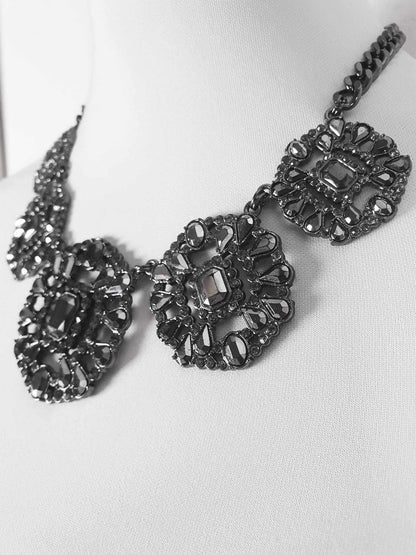 Vintage Victorian Revival Dark Grey Rhinestone Necklace Statement 90s