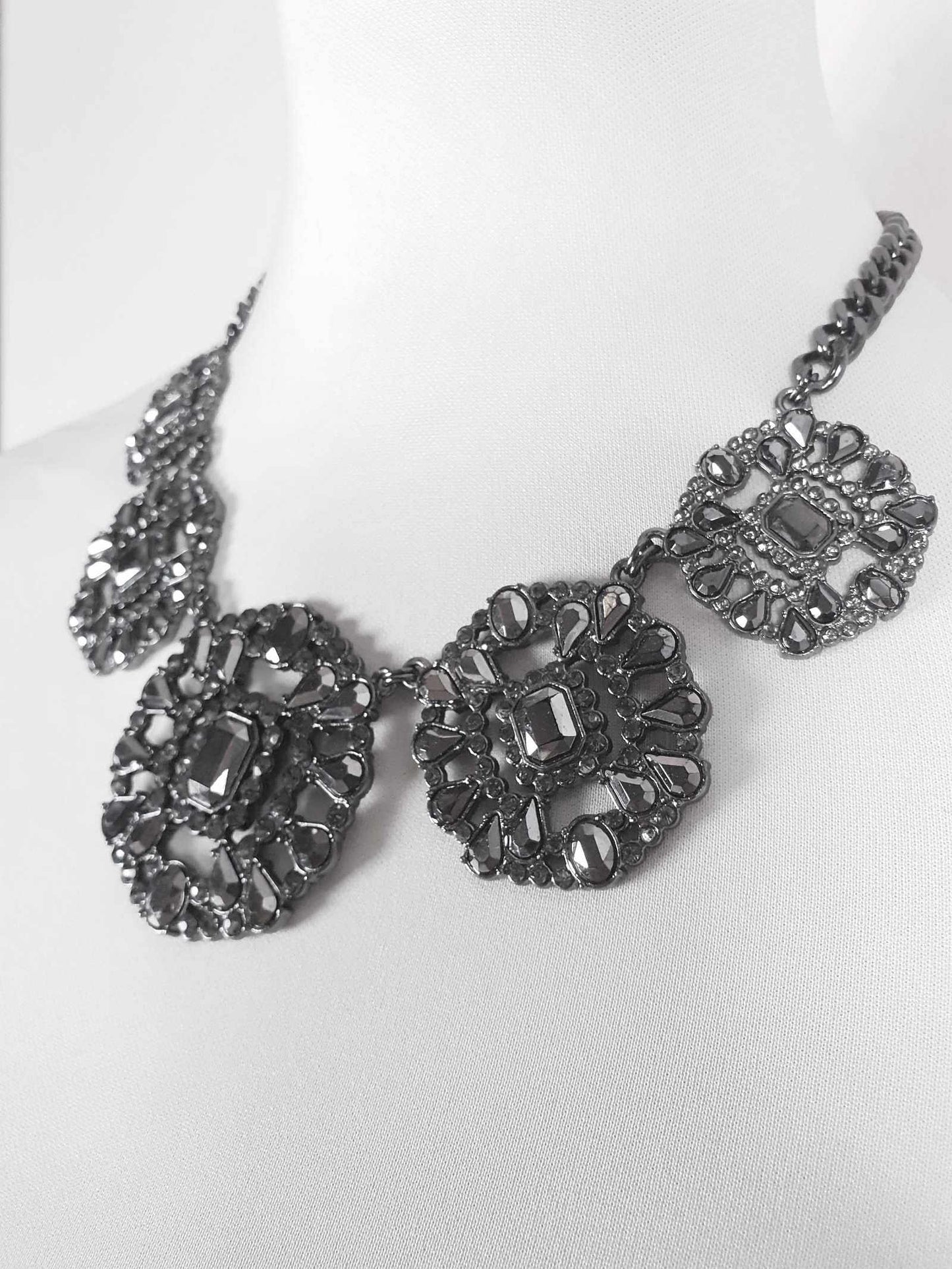 Vintage Victorian Revival Dark Grey Rhinestone Necklace Statement 90s