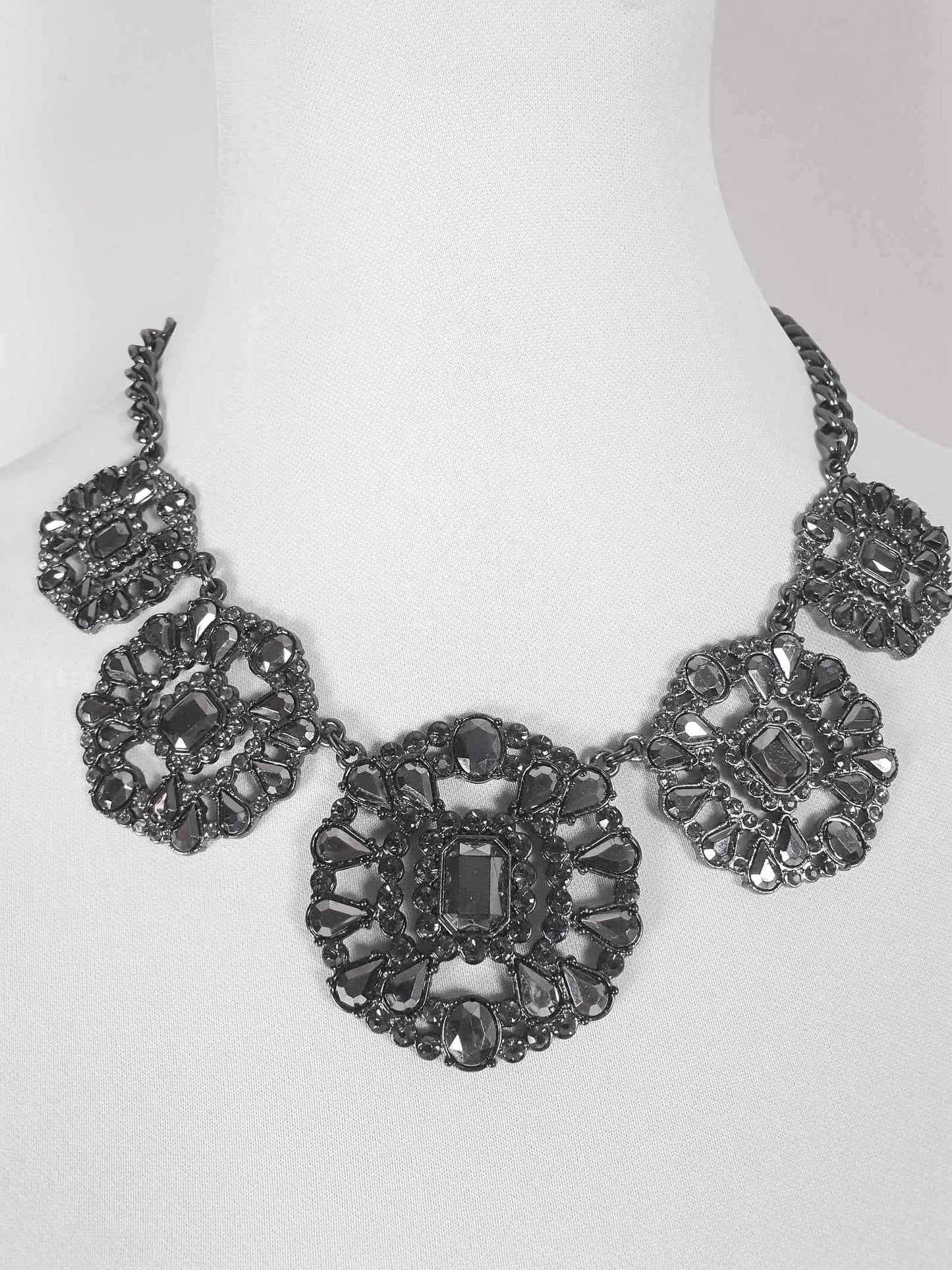 Vintage Victorian Revival Dark Grey Rhinestone Necklace Statement 90s