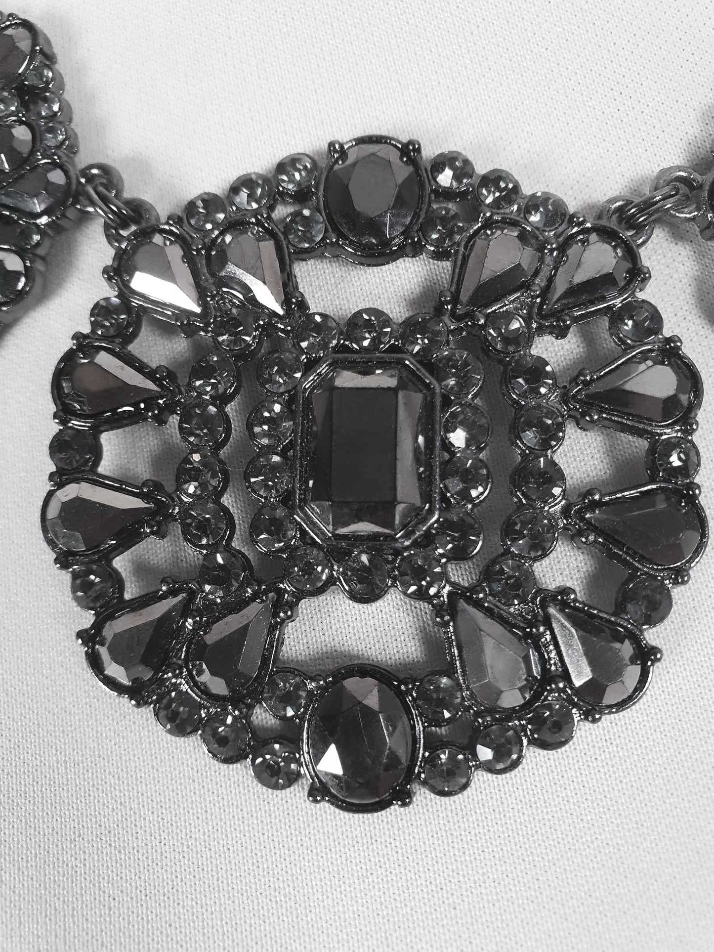 Vintage Victorian Revival Dark Grey Rhinestone Necklace Statement 90s