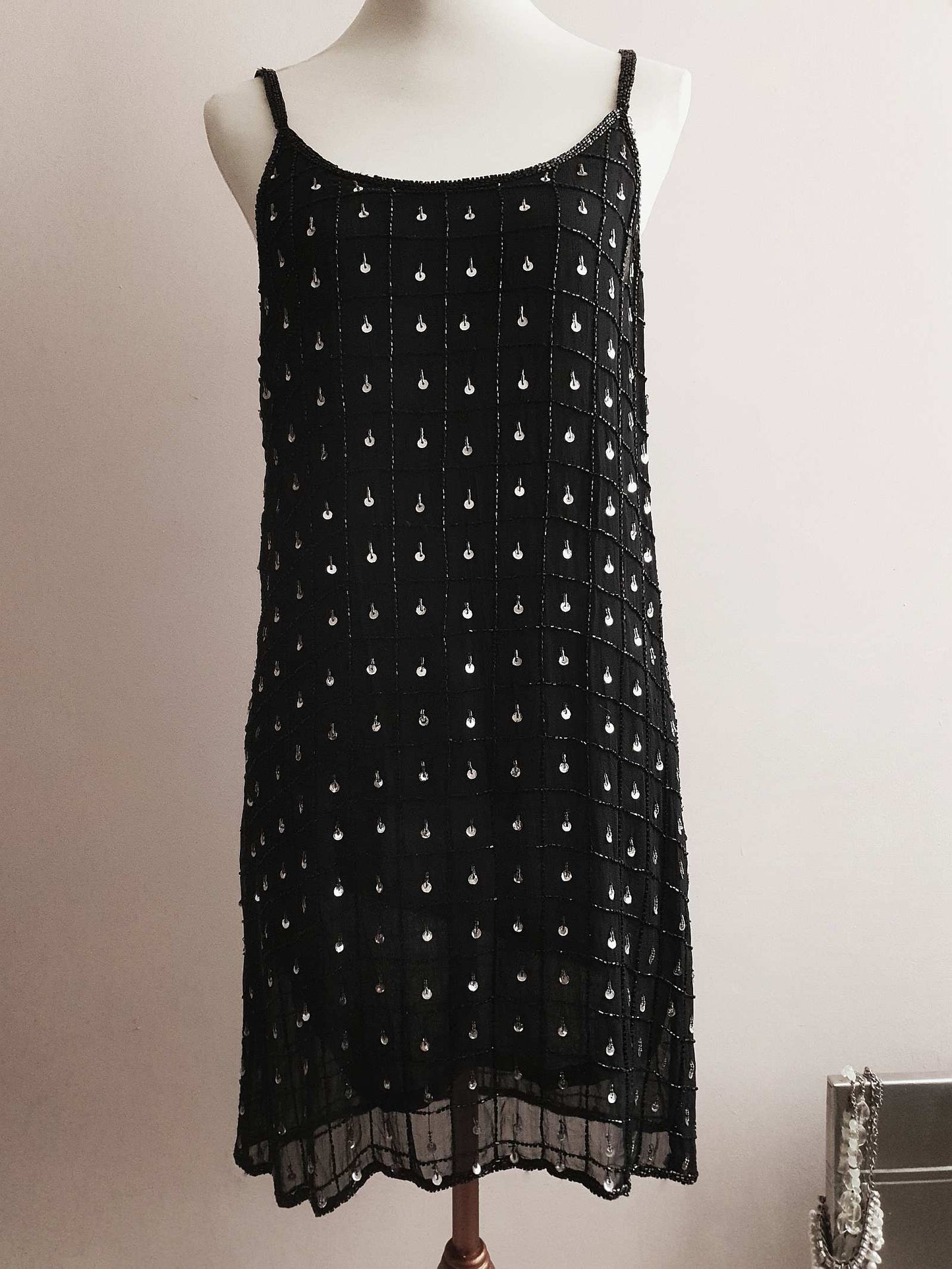 Cute 1980s Vintage Black Sequin and Beaded Party Dress - Size 10
