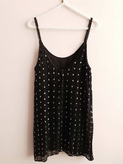 Cute 1980s Vintage Black Sequin and Beaded Party Dress - Size 10