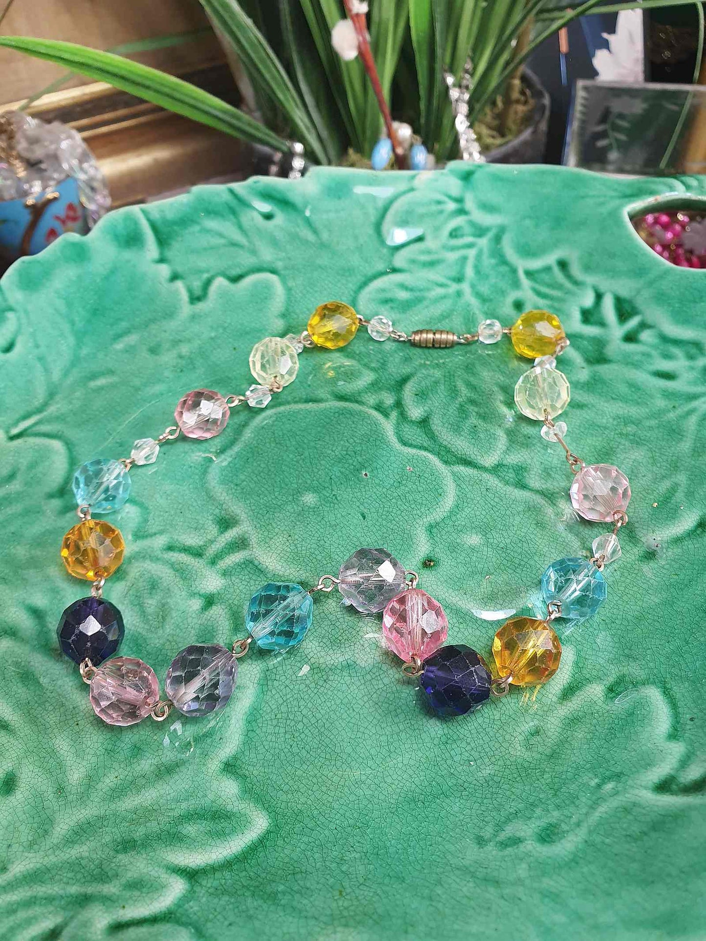 Vintage 1920s Art Deco Uranium Glass Necklace - Rainbow Glow Czech Crystal Beads