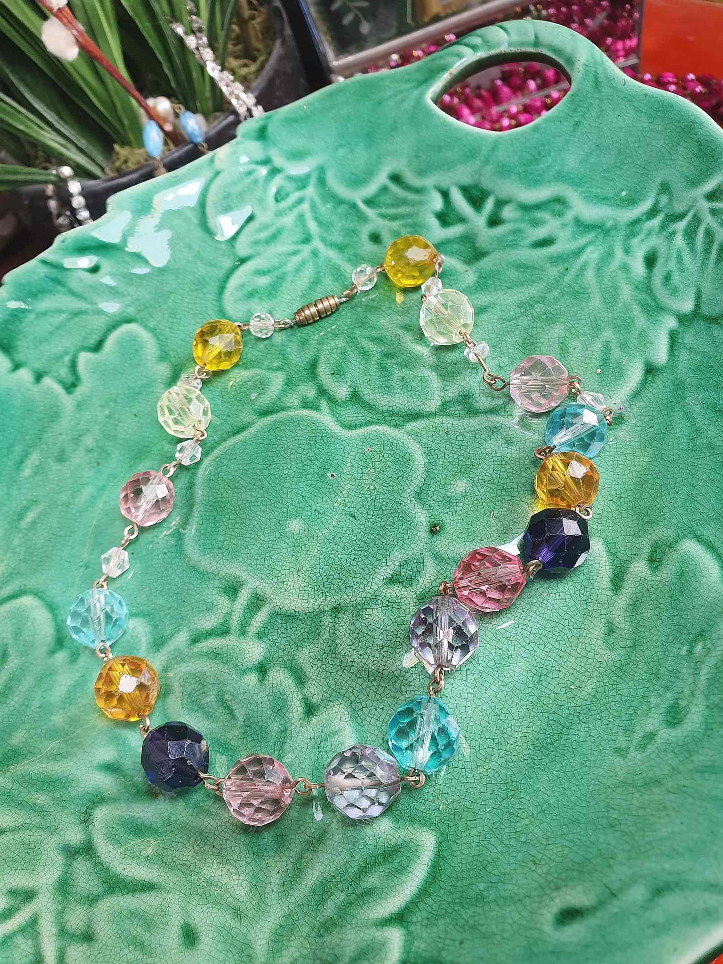 Vintage 1920s Art Deco Uranium Glass Necklace - Rainbow Glow Czech Crystal Beads