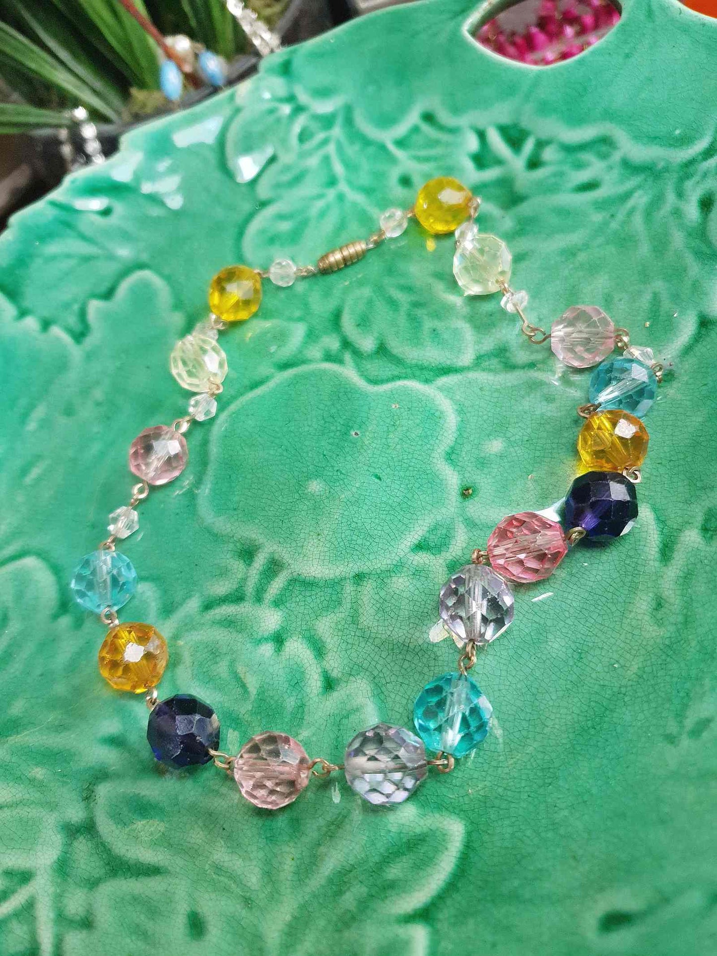 Vintage 1920s Art Deco Uranium Glass Necklace - Rainbow Glow Czech Crystal Beads