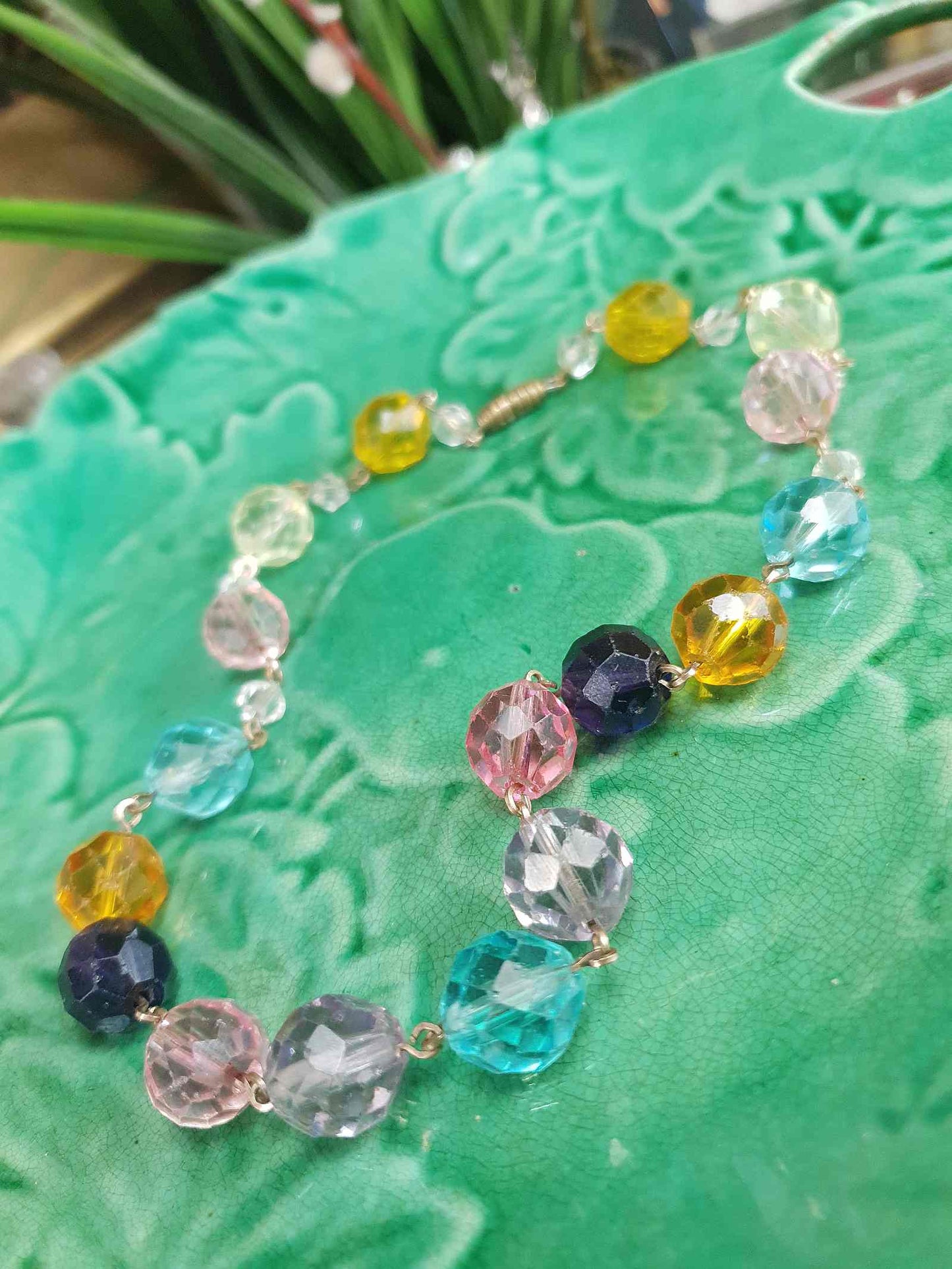 Vintage 1920s Art Deco Uranium Glass Necklace - Rainbow Glow Czech Crystal Beads