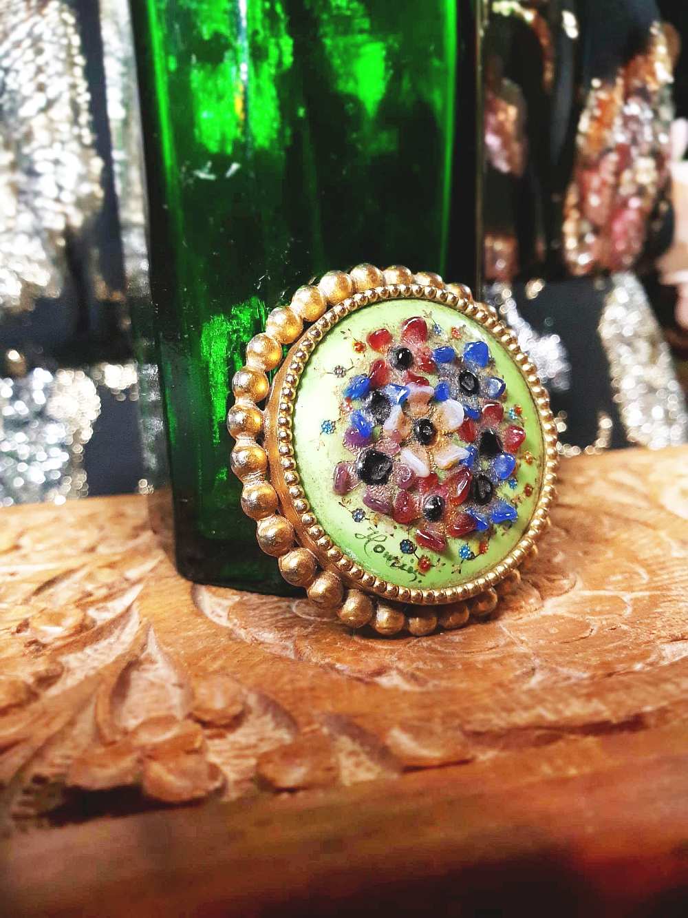 Vintage 1940s Floral Brooch Porcelain Art Glass Flower Pin Signed RARE