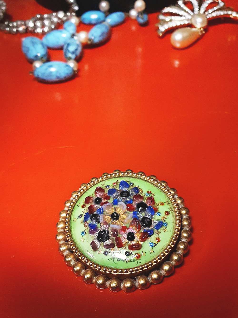 Vintage 1940s Floral Brooch Porcelain Art Glass Flower Pin Signed RARE