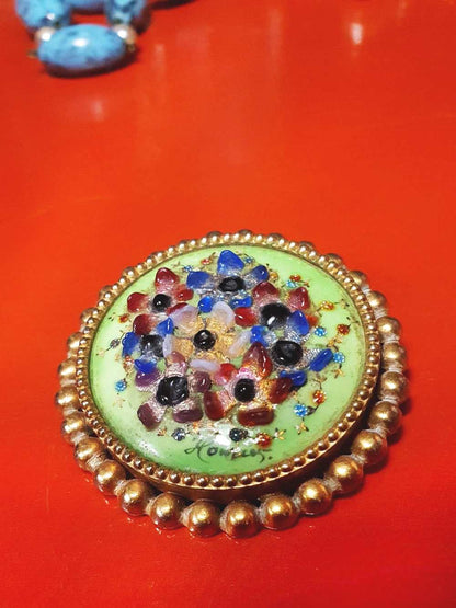 Vintage 1940s Floral Brooch Porcelain Art Glass Flower Pin Signed RARE
