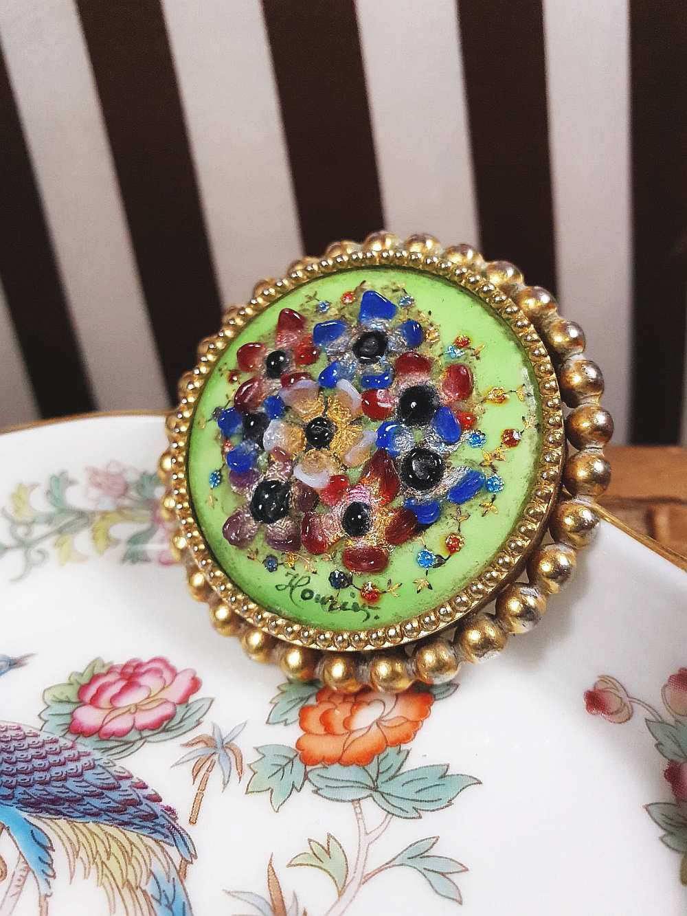 Vintage 1940s Floral Brooch Porcelain Art Glass Flower Pin Signed RARE