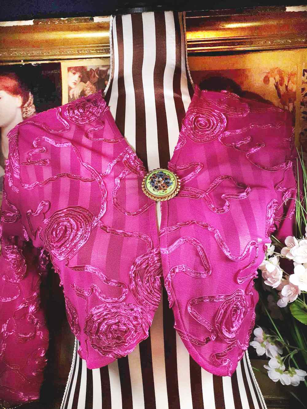 Vintage 1940s Floral Brooch Porcelain Art Glass Flower Pin Signed RARE