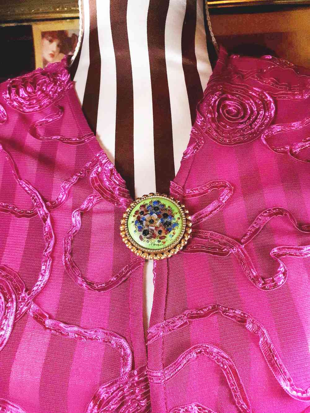 Vintage 1940s Floral Brooch Porcelain Art Glass Flower Pin Signed RARE