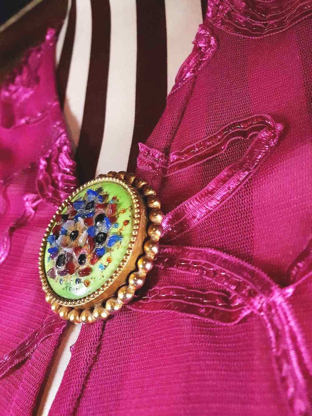 Vintage 1940s Floral Brooch Porcelain Art Glass Flower Pin Signed RARE