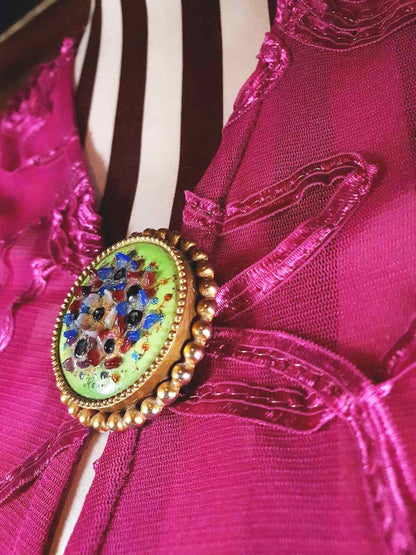 Vintage 1940s Floral Brooch Porcelain Art Glass Flower Pin Signed RARE