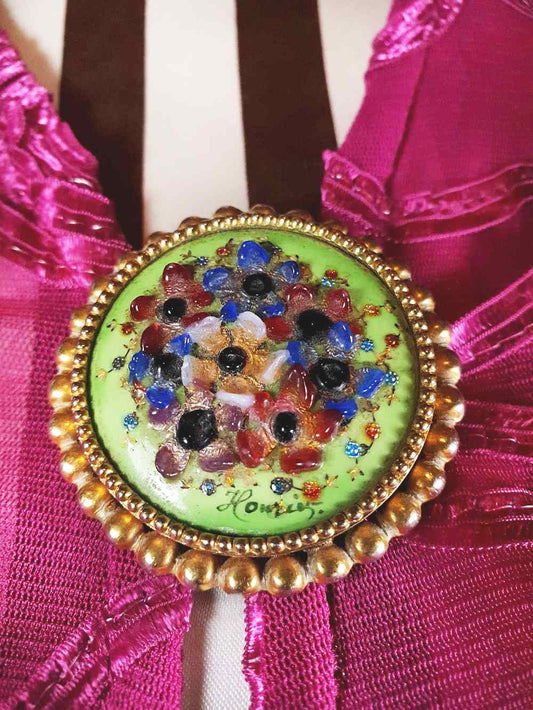 Vintage 1940s Floral Brooch Porcelain Art Glass Flower Pin Signed RARE