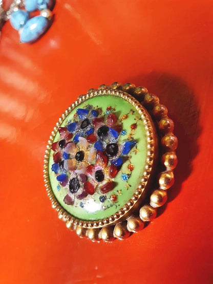 Vintage 1940s Floral Brooch Porcelain Art Glass Flower Pin Signed RARE