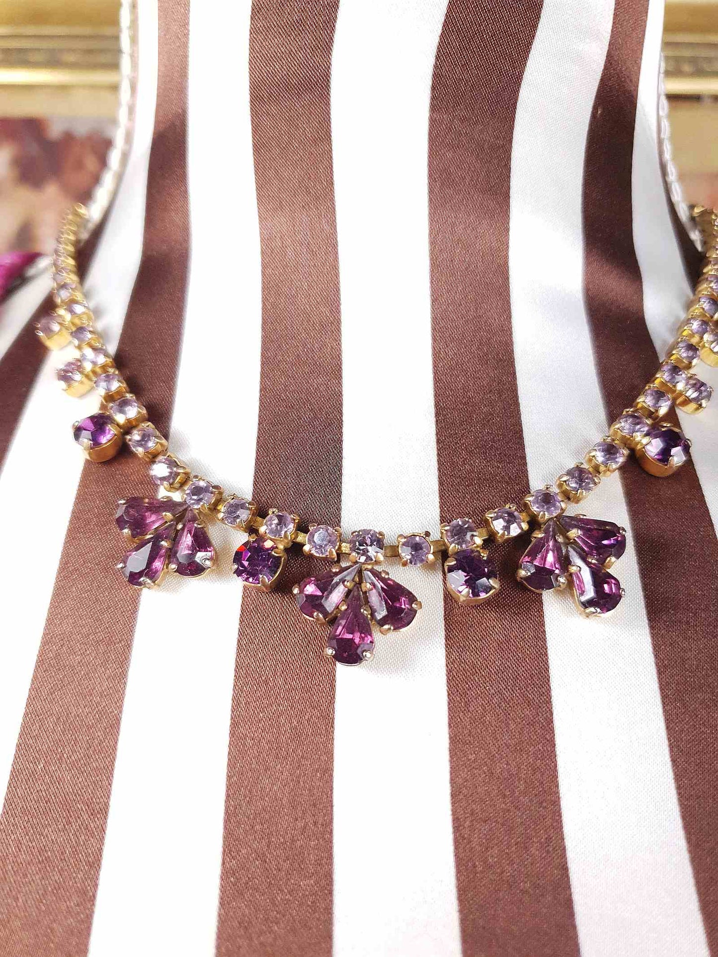 Vintage 1940s Purple Rhinestone Necklace Gold-Tone