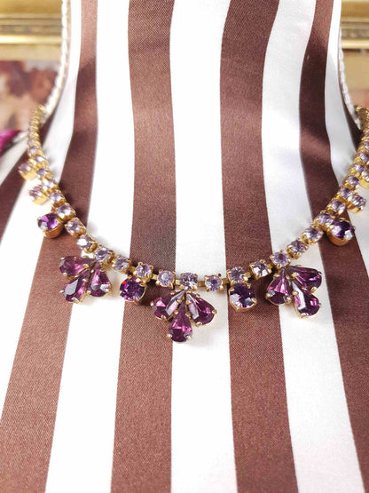 Vintage 1940s Purple Rhinestone Necklace Gold-Tone
