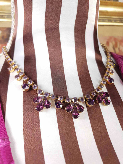Vintage 1940s Purple Rhinestone Necklace Gold-Tone