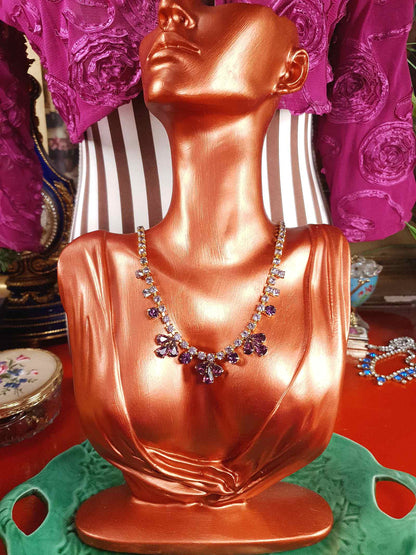Vintage 1940s Purple Rhinestone Necklace Gold-Tone